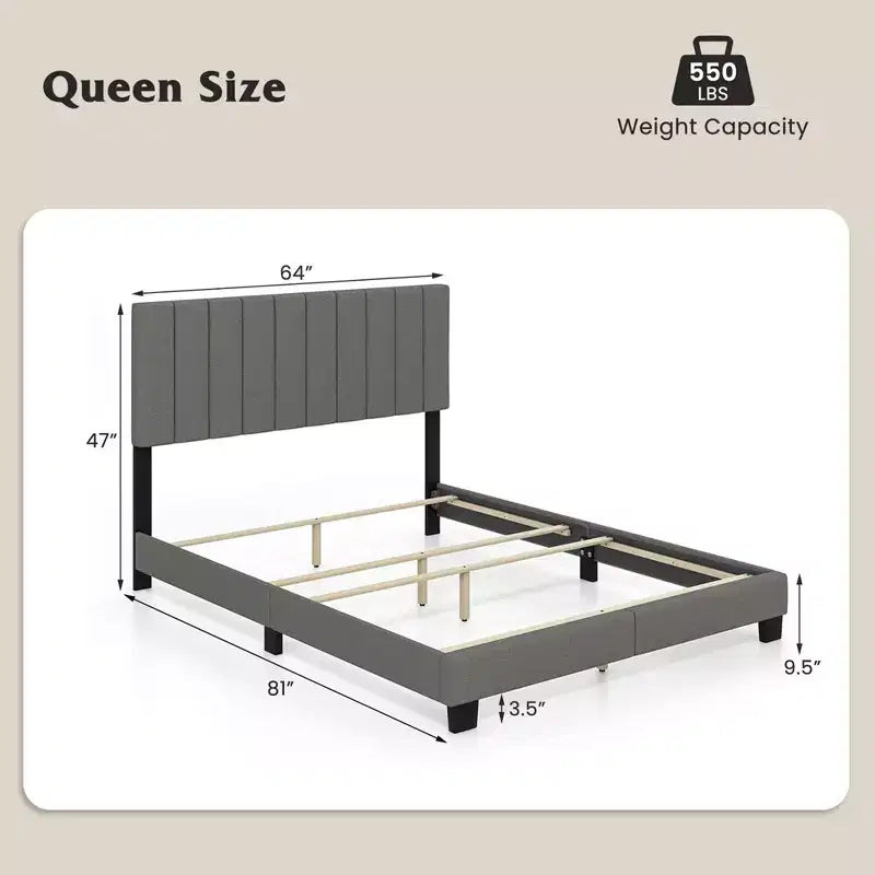 Costway Queen Upholstered Platform Bed Frame Mattress Foundation Box Spring Needed Gray