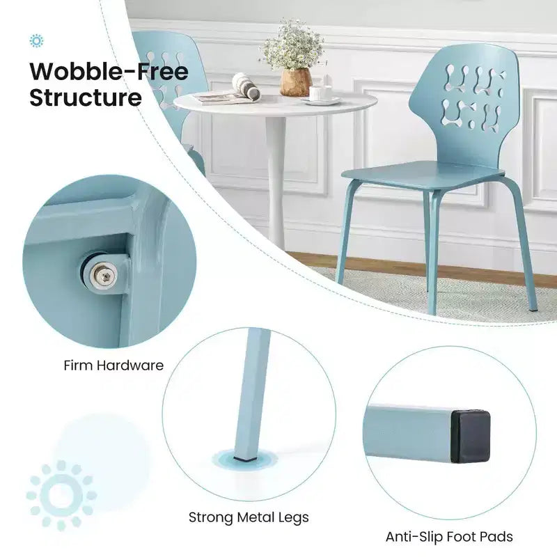 Costway Metal Dining Chair Set of 4 Armless Kitchen Hollowed Backrest & Metal Legs Blue/White