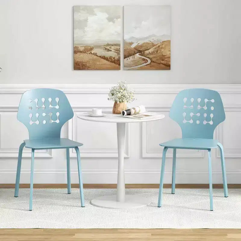 Costway Metal Dining Chair Set of 4 Armless Kitchen Hollowed Backrest & Metal Legs Blue/White