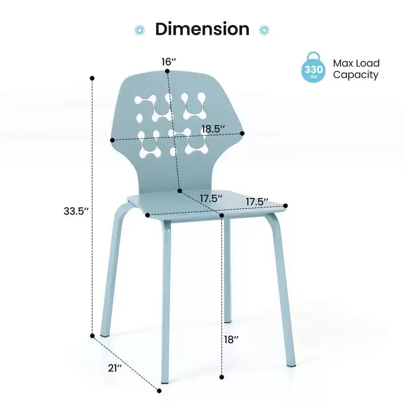 Costway Metal Dining Chair Set of 4 Armless Kitchen Hollowed Backrest & Metal Legs Blue/White