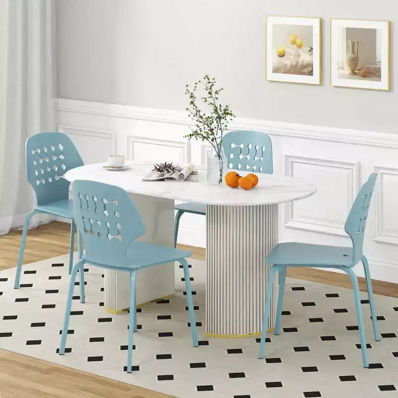 Costway Metal Dining Chair Set of 4 Armless Kitchen Hollowed Backrest & Metal Legs Blue/White