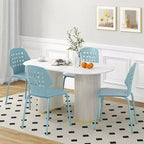 Costway Metal Dining Chair Set of 4 Armless Kitchen Hollowed Backrest & Metal Legs Blue/White