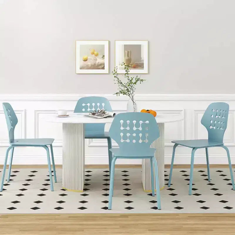 Costway Metal Dining Chair Set of 4 Armless Kitchen Hollowed Backrest & Metal Legs Blue/White