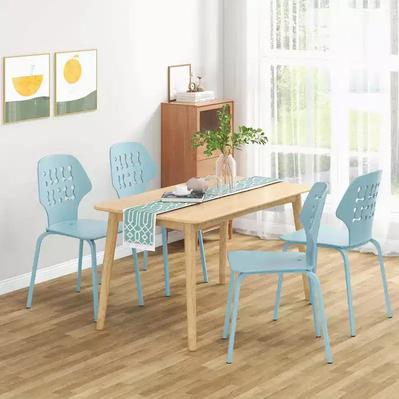 Costway Metal Dining Chair Set of 4 Armless Kitchen Hollowed Backrest & Metal Legs Blue/White
