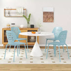 Costway Metal Dining Chair Set of 4 Armless Kitchen Hollowed Backrest & Metal Legs Blue/White