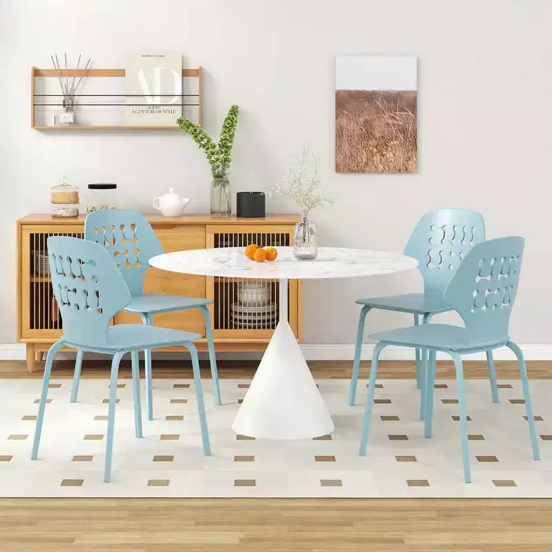 Costway Metal Dining Chair Set of 4 Armless Kitchen Hollowed Backrest & Metal Legs Blue/White