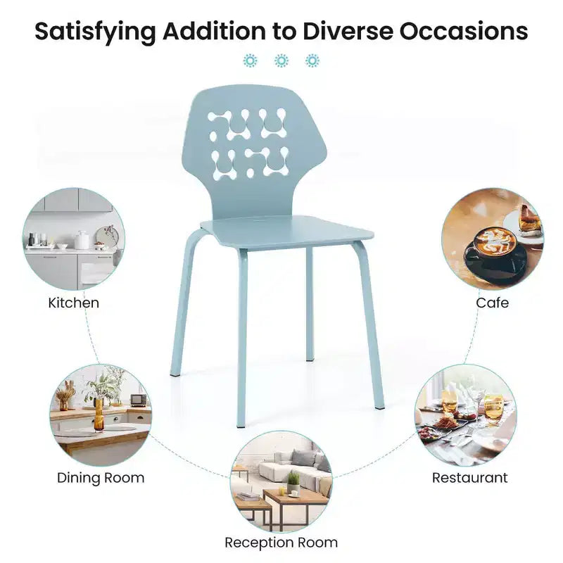 Costway Metal Dining Chair Set of 4 Armless Kitchen Hollowed Backrest & Metal Legs Blue/White