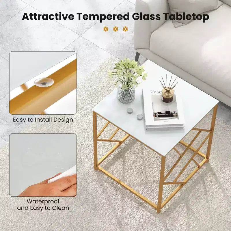 Costway 19.5'' Side Table Square Bedside Sofa Accent Coffee Table with Tempered Glass Top