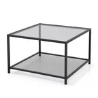 Tavolino da Caffè in Vetro Costway da 70 cm, Quadrato a 2 Livelli con Ripiano a Rete, Soggiorno Grigio/Trasparente