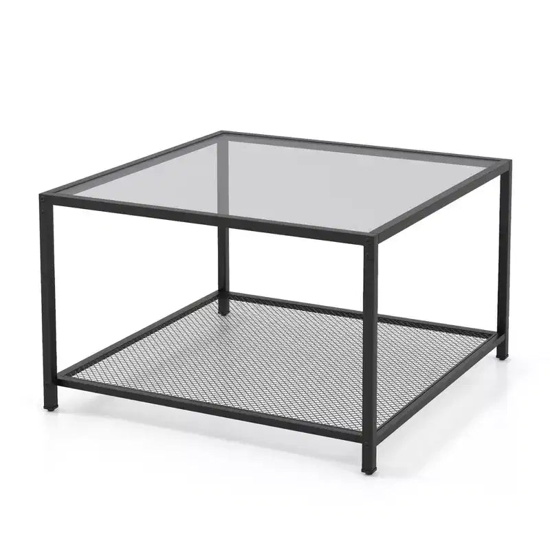 Tavolino da Caffè in Vetro Costway da 70 cm, Quadrato a 2 Livelli con Ripiano a Rete, Soggiorno Grigio/Trasparente