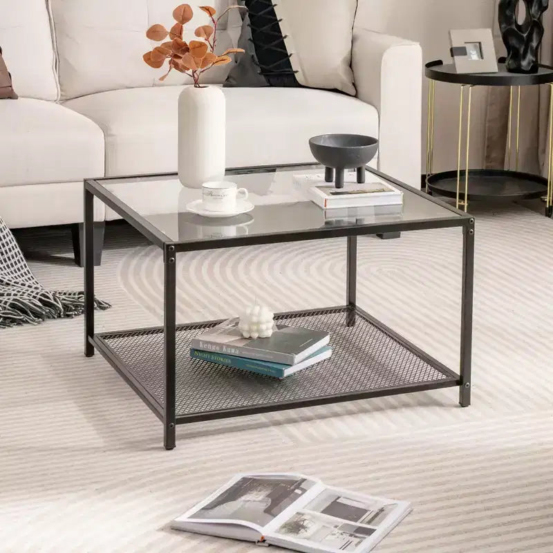 Tavolino da Caffè in Vetro Costway da 70 cm, Quadrato a 2 Livelli con Ripiano a Rete, Soggiorno Grigio/Trasparente