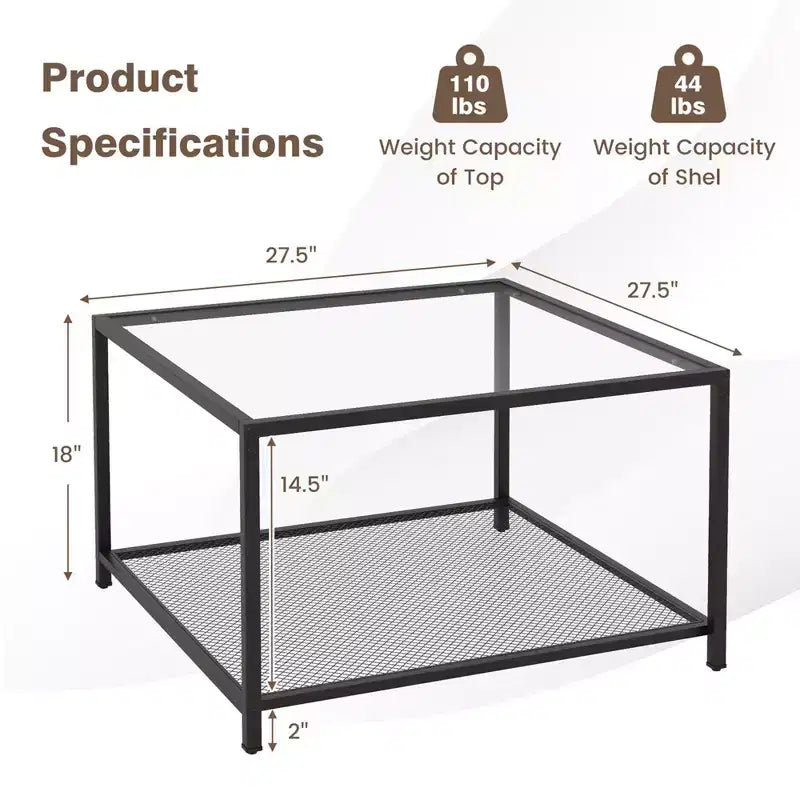 Tavolino da Caffè in Vetro Costway da 70 cm, Quadrato a 2 Livelli con Ripiano a Rete, Soggiorno Grigio/Trasparente