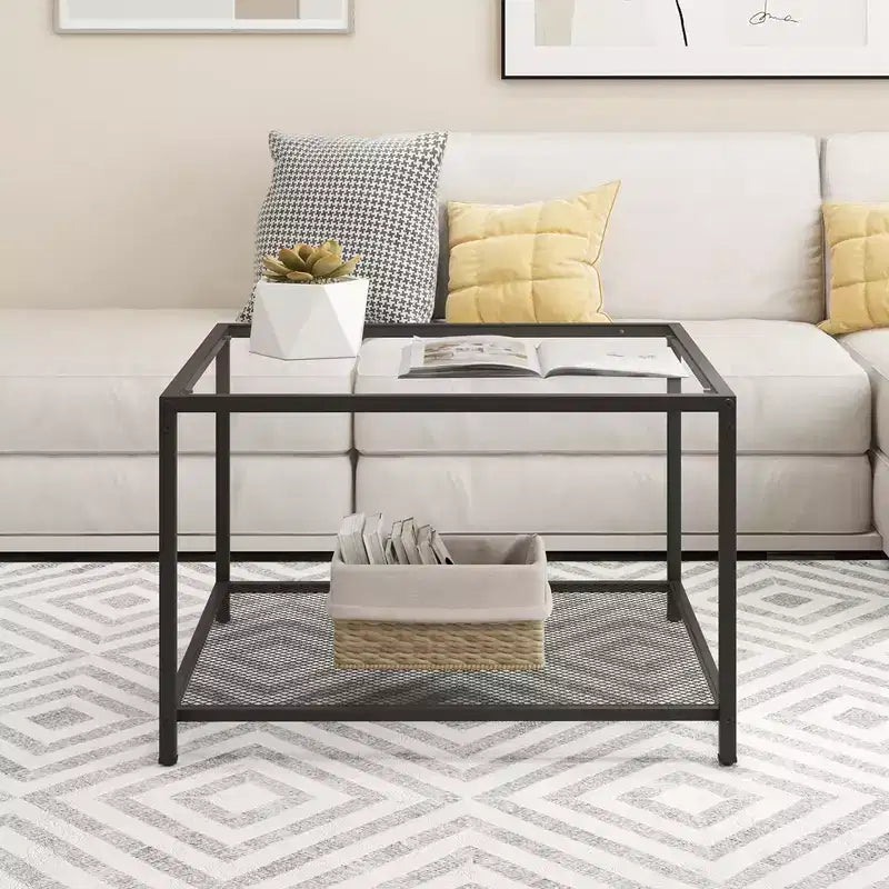 Tavolino da Caffè in Vetro Costway da 70 cm, Quadrato a 2 Livelli con Ripiano a Rete, Soggiorno Grigio/Trasparente