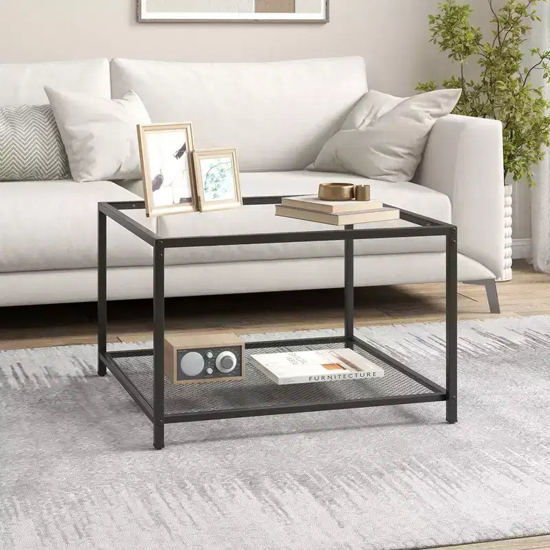 Tavolino da Caffè in Vetro Costway da 70 cm, Quadrato a 2 Livelli con Ripiano a Rete, Soggiorno Grigio/Trasparente