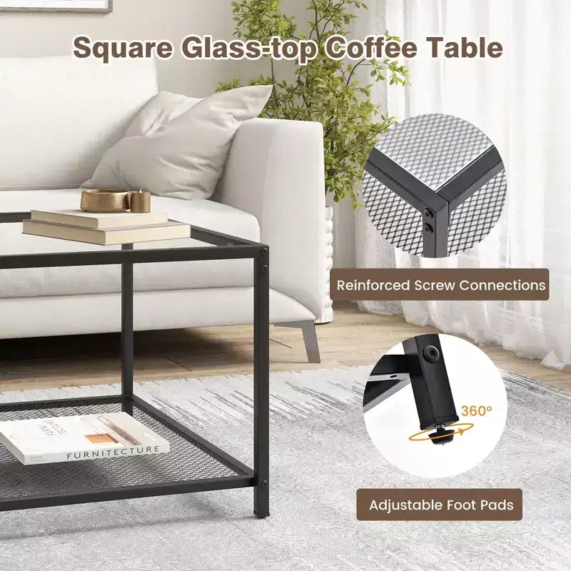 Tavolino da Caffè in Vetro Costway da 70 cm, Quadrato a 2 Livelli con Ripiano a Rete, Soggiorno Grigio/Trasparente