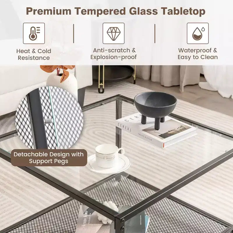 Tavolino da Caffè in Vetro Costway da 70 cm, Quadrato a 2 Livelli con Ripiano a Rete, Soggiorno Grigio/Trasparente