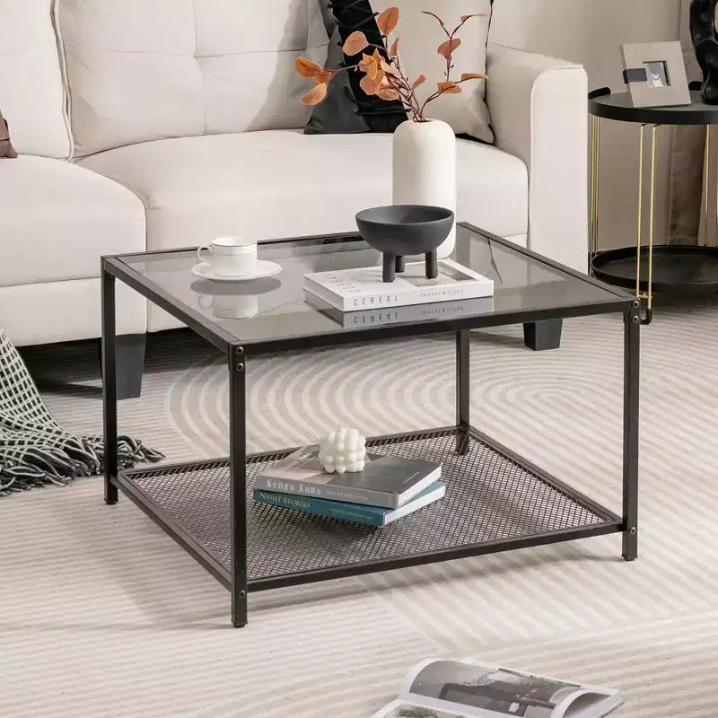 Tavolino da Caffè in Vetro Costway da 70 cm, Quadrato a 2 Livelli con Ripiano a Rete, Soggiorno Grigio/Trasparente