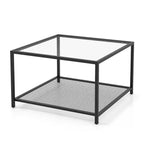 Tavolino da Caffè in Vetro Costway da 70 cm, Quadrato a 2 Livelli con Ripiano a Rete, Soggiorno Grigio/Trasparente