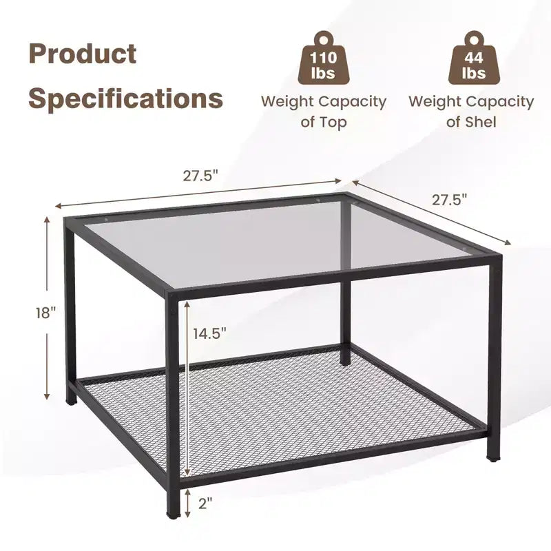 Tavolino da Caffè in Vetro Costway da 70 cm, Quadrato a 2 Livelli con Ripiano a Rete, Soggiorno Grigio/Trasparente