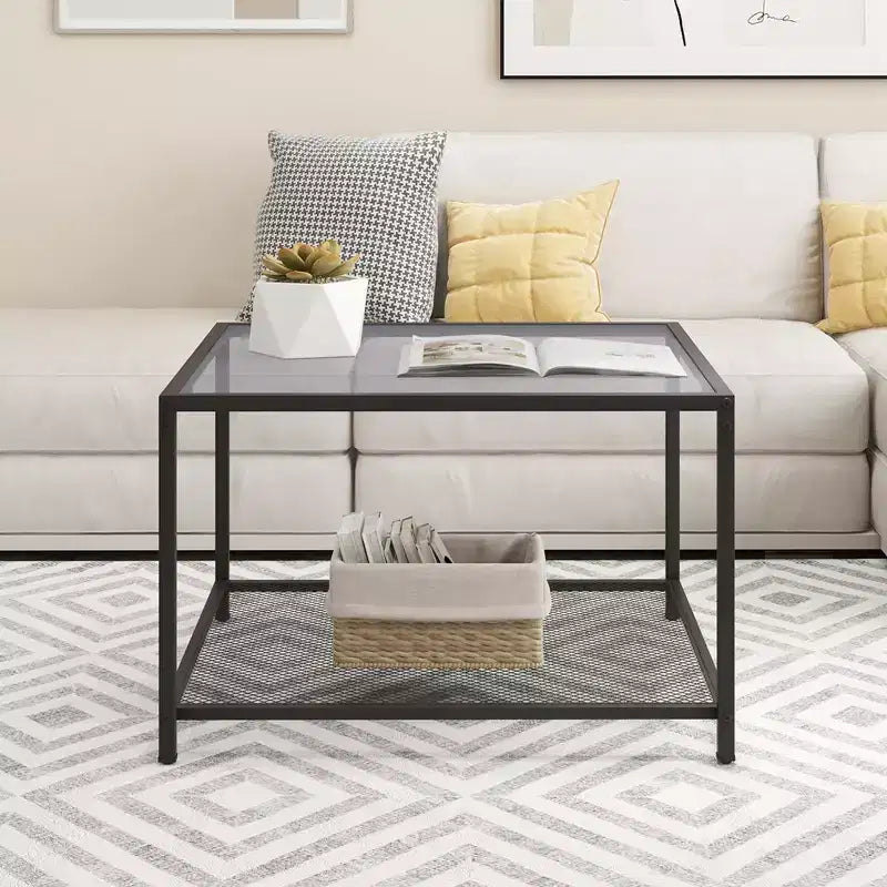 Tavolino da Caffè in Vetro Costway da 70 cm, Quadrato a 2 Livelli con Ripiano a Rete, Soggiorno Grigio/Trasparente