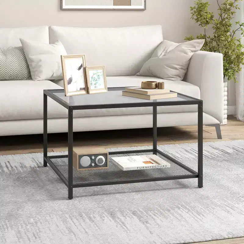 Tavolino da Caffè in Vetro Costway da 70 cm, Quadrato a 2 Livelli con Ripiano a Rete, Soggiorno Grigio/Trasparente