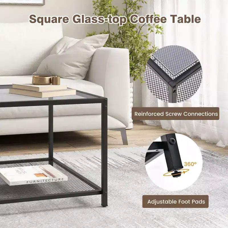 Tavolino da Caffè in Vetro Costway da 70 cm, Quadrato a 2 Livelli con Ripiano a Rete, Soggiorno Grigio/Trasparente