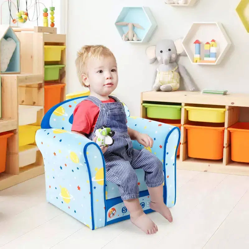 Costway Divano per Bambini Poltrona Imbottita per Bambini Telaio in Legno Divanetto per Bambini Blu