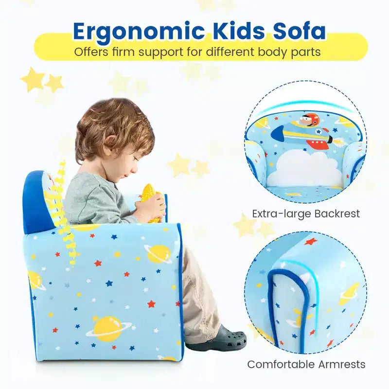 Costway Divano per Bambini Poltrona Imbottita per Bambini Telaio in Legno Divanetto per Bambini Blu