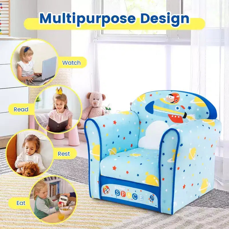 Costway Divano per Bambini Poltrona Imbottita per Bambini Telaio in Legno Divanetto per Bambini Blu