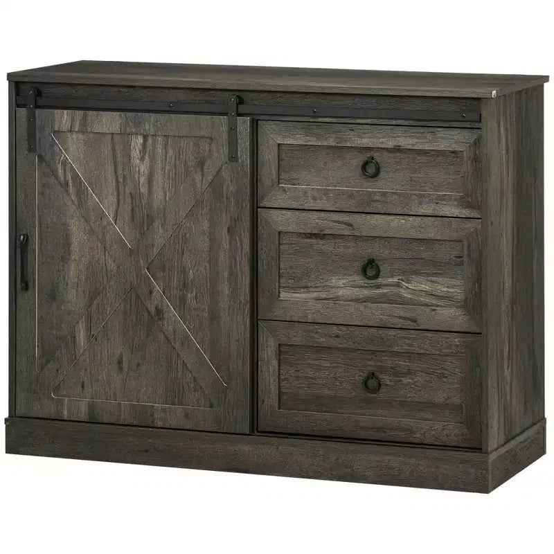 HOMCOM Farmhouse Coffee Bar Cabinet, Kitchen Sideboard, Buffet Cabinet with Sliding Barn Door and 3 Storage Drawers for Living Room