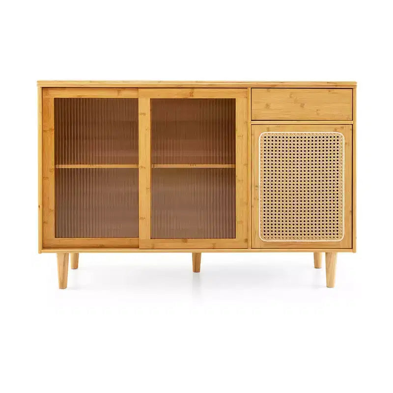 Madia credenza Costway mobiletto in rattan con ante scorrevoli e cassetto portaoggetti