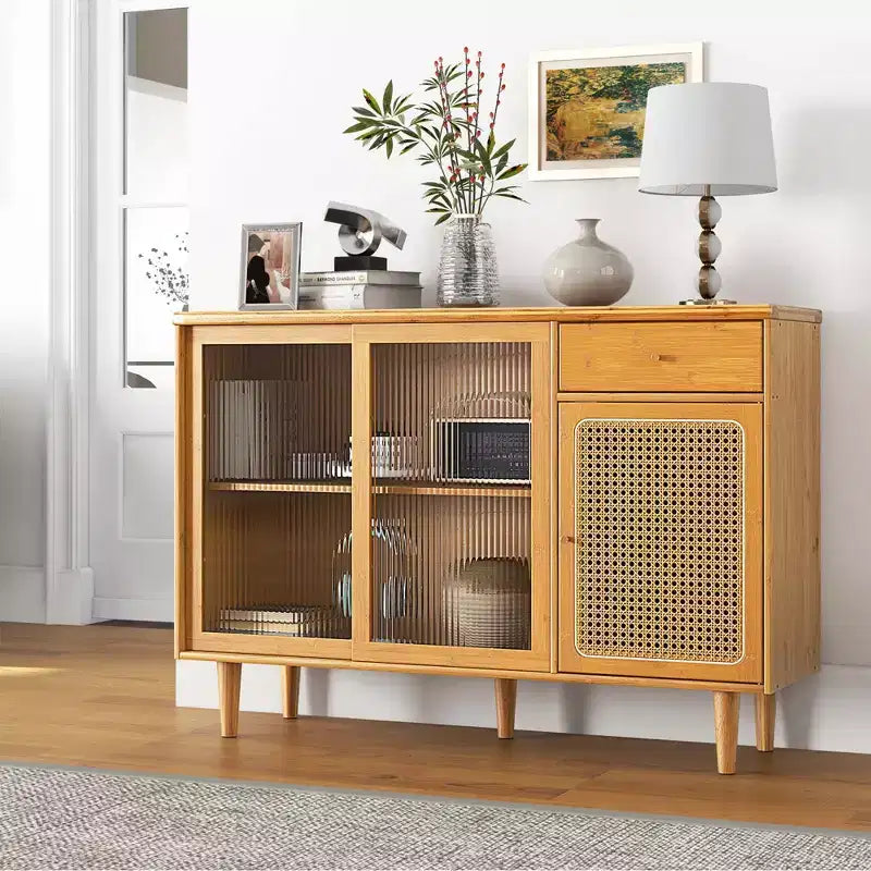 Madia credenza Costway mobiletto in rattan con ante scorrevoli e cassetto portaoggetti