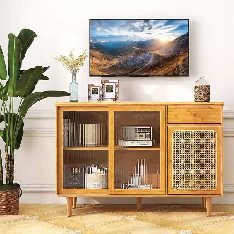 Madia credenza Costway mobiletto in rattan con ante scorrevoli e cassetto portaoggetti