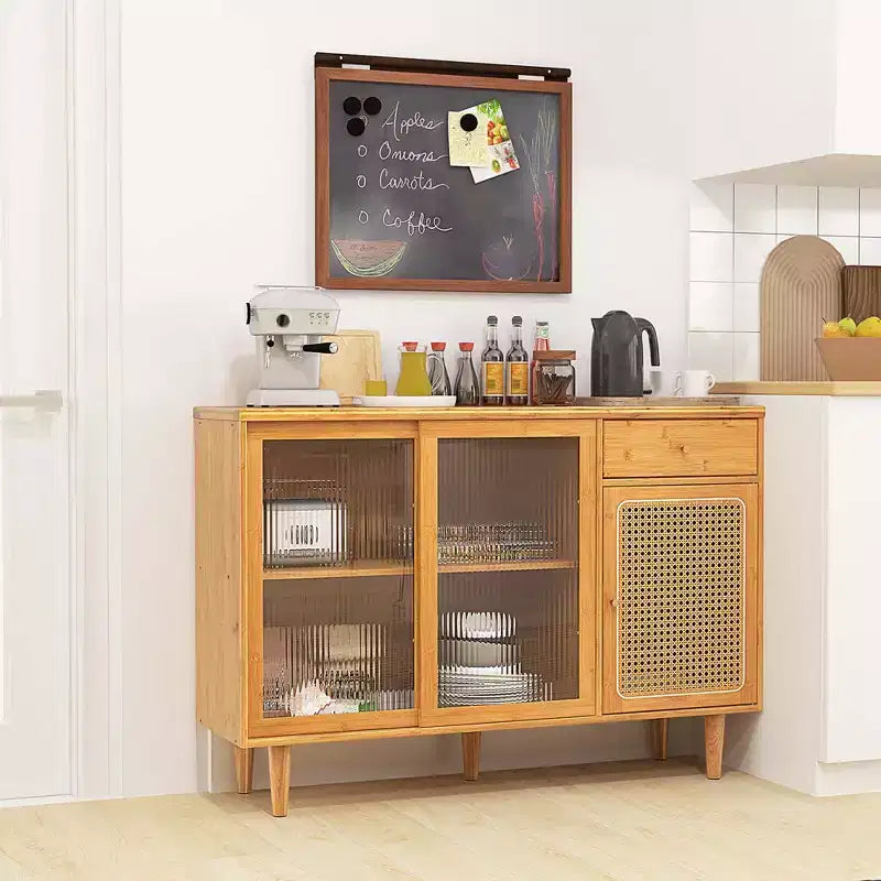 Madia credenza Costway mobiletto in rattan con ante scorrevoli e cassetto portaoggetti