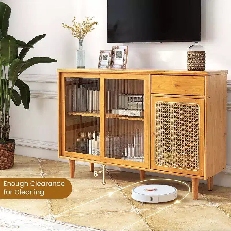 Madia credenza Costway mobiletto in rattan con ante scorrevoli e cassetto portaoggetti