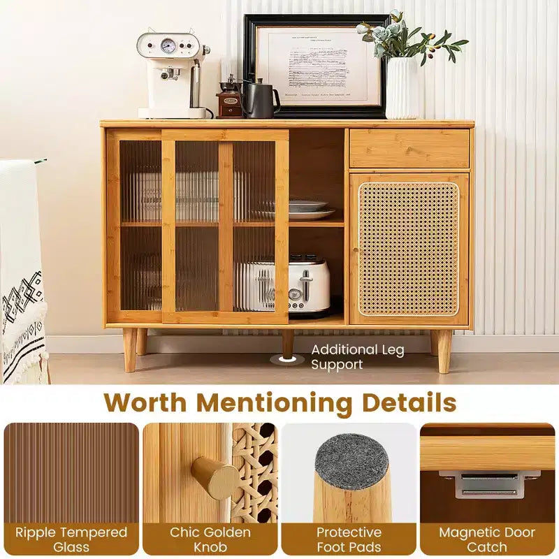 Madia credenza Costway mobiletto in rattan con ante scorrevoli e cassetto portaoggetti