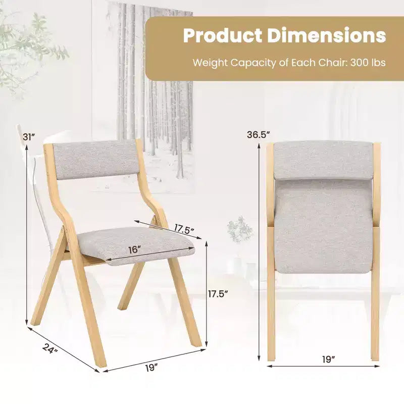 Costway Folding Dining Chair Set of 2 Wooden Upholstered Modern Linen Fabric Padded Seat