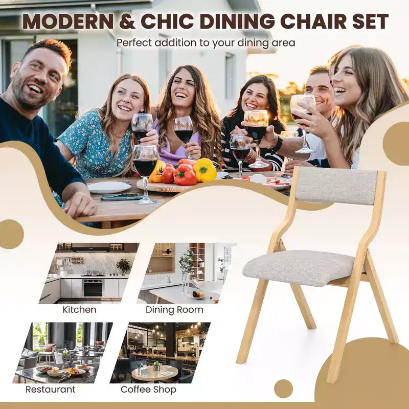 Costway Folding Dining Chair Set of 2 Wooden Upholstered Modern Linen Fabric Padded Seat