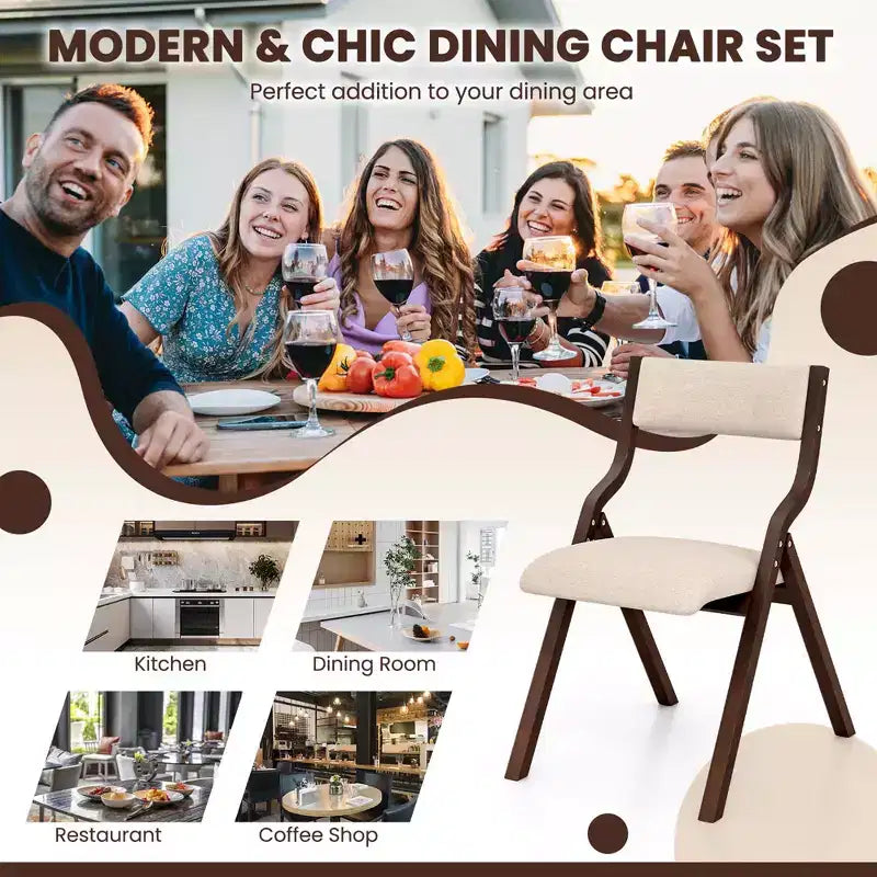 Costway Folding Dining Chair Set of 2 Wooden Upholstered Modern Linen Fabric Padded Seat
