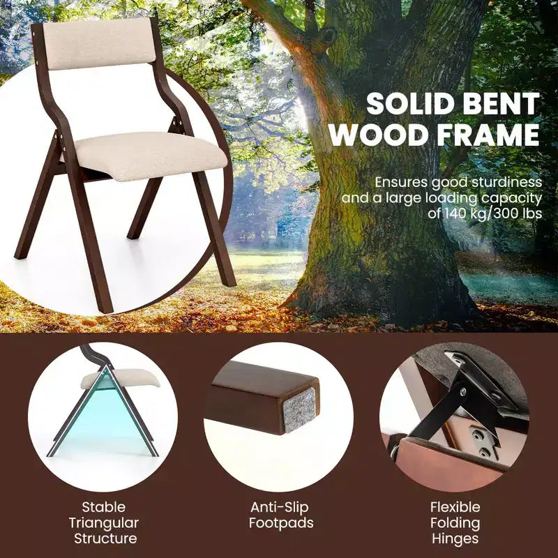 Costway Folding Dining Chair Set of 2 Wooden Upholstered Modern Linen Fabric Padded Seat