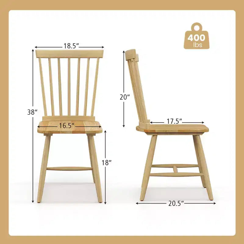 Costway Windsor Dining Chairs Set of 2 Armless Spindle Back Solid Rubber Wood Black/Natural