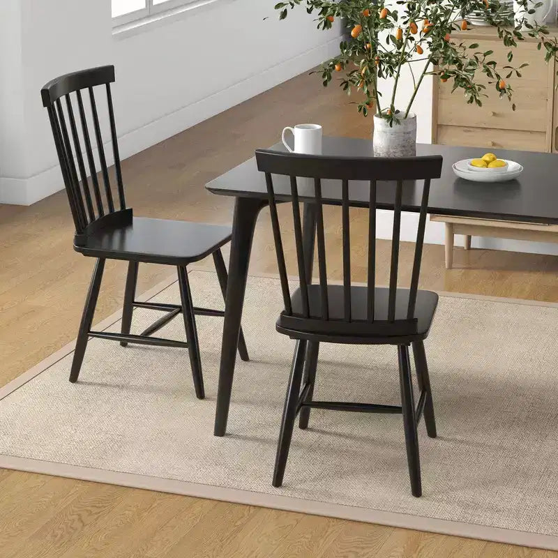 Costway Windsor Dining Chairs Set of 2 Armless Spindle Back Solid Rubber Wood Black/Natural