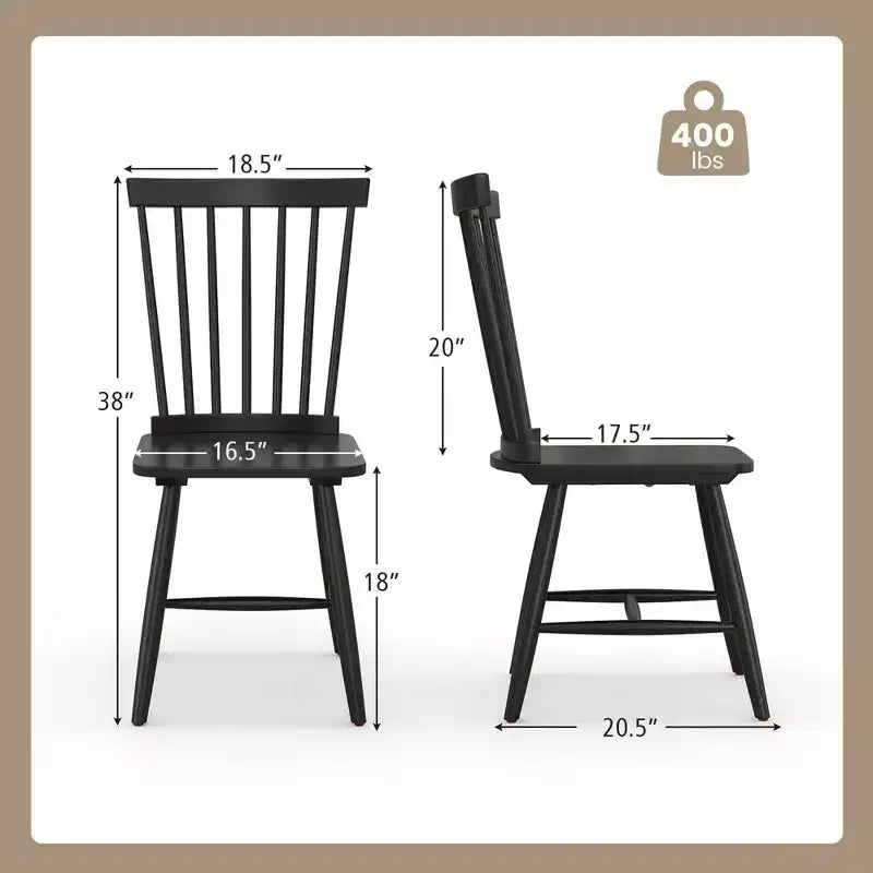 Costway Windsor Dining Chairs Set of 2 Armless Spindle Back Solid Rubber Wood Black/Natural