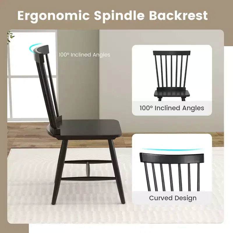 Costway Windsor Dining Chairs Set of 2 Armless Spindle Back Solid Rubber Wood Black/Natural