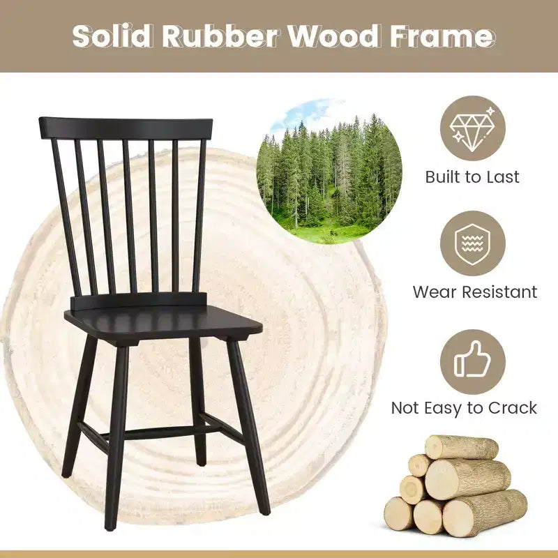 Costway Windsor Dining Chairs Set of 2 Armless Spindle Back Solid Rubber Wood Black/Natural