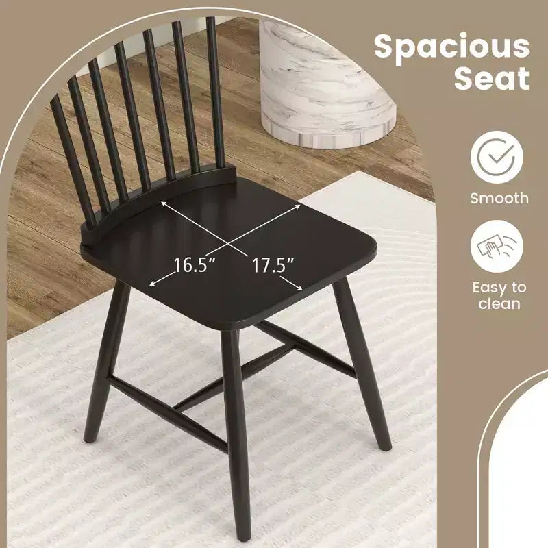 Costway Windsor Dining Chairs Set of 2 Armless Spindle Back Solid Rubber Wood Black/Natural