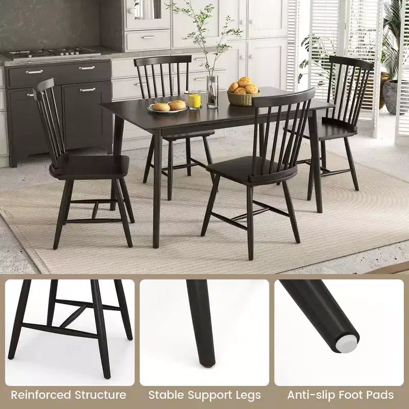 Costway Windsor Dining Chairs Set of 2 Armless Spindle Back Solid Rubber Wood Black/Natural