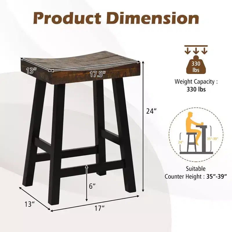 Costway 24 Bar Stool Set of 2 Counter Height Solid Wood Curved Saddle Seat Footrest
