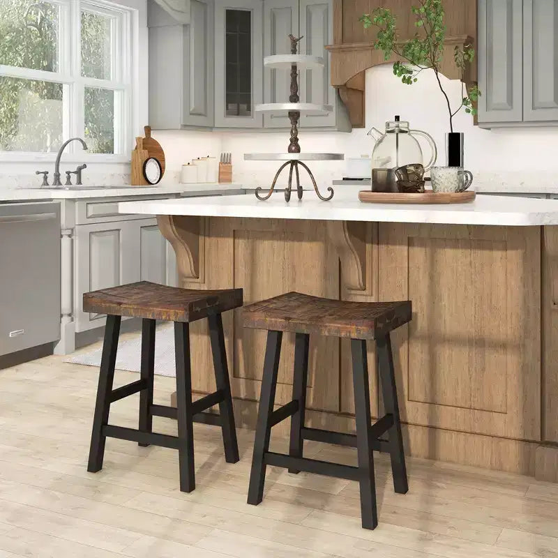 Costway 24 Bar Stool Set of 2 Counter Height Solid Wood Curved Saddle Seat Footrest