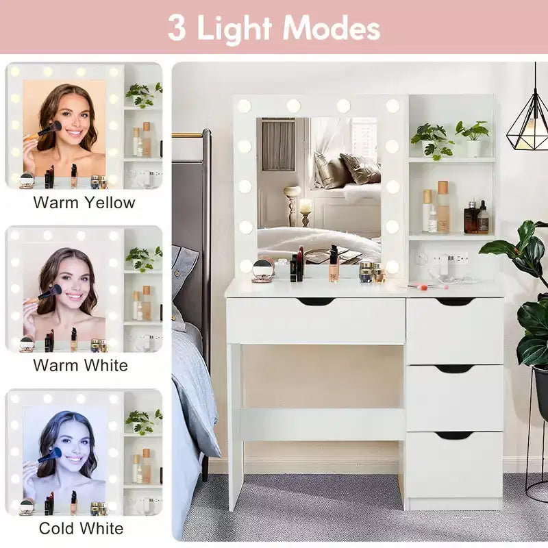 Makeup Vanity with Drawers, White Vanity Desk with Mirror and Lights in 3 Colors 12 LED